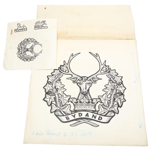 104 - 2 sheets of original pen and ink designs for Gordon Highlanders cap badges, largest 26cm x 25cm, and... 