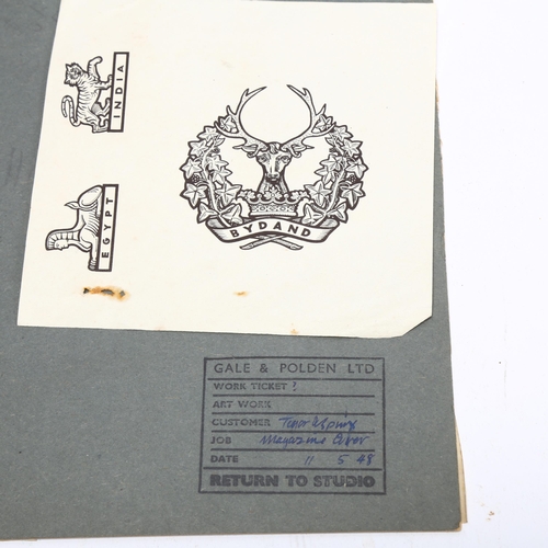 104 - 2 sheets of original pen and ink designs for Gordon Highlanders cap badges, largest 26cm x 25cm, and... 