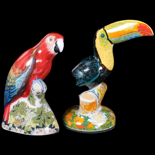 388 - Royal Crown Derby, a Rio Toucan paperweight with gold stopper, H18cm, and a Royal Crown Derby Scarle... 