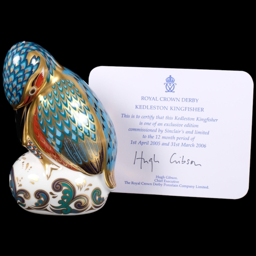 394 - Royal Crown Derby Kedlestone Kingfisher paperweight with gold stopper, H11.5cm, with card certificat... 