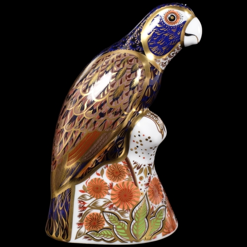 395 - Royal Crown Derby bronze winged parrot paperweight with gold stopper, H16cm