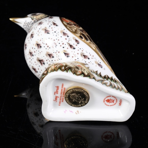 398 - Royal Crown Derby Song Thrush paperweight with gold stopper, H11cm