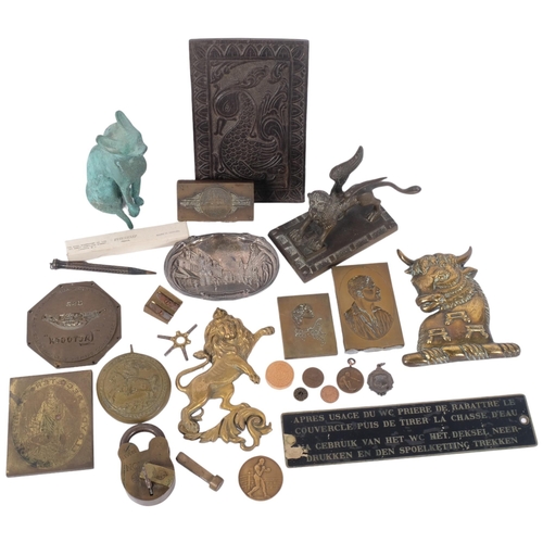 403 - A tray of various interesting items, including Nondon 8 lever padlock and key, bronze printing block... 