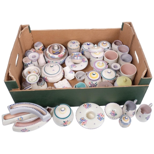 670 - A boxful of Poole Pottery jam pots, candlesticks, floret vases etc