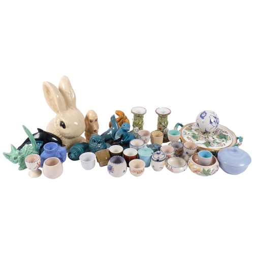 672 - Porcelain 2-handle pot pourri pot, Moss Ware candlesticks, Poole and Sylvac animals, etc