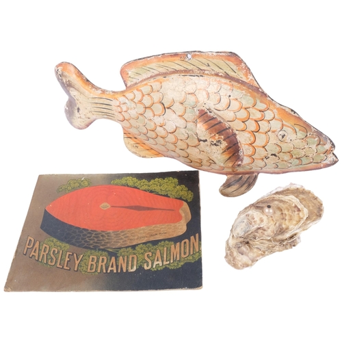 678 - A Vintage painted metal fish sculpture, L46cm, a box made from shells, and a printed card advertisin... 