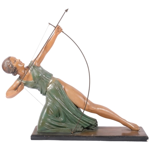 682 - An Art Deco painted plaster figure of a lady archer, on plinth, length overall 62cm