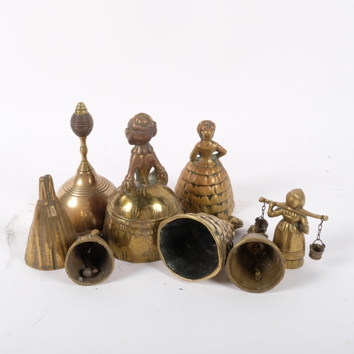 685 - Crinoline lady bells, tallest 15cm, and another brass bell with turned wood handle lacking clapper