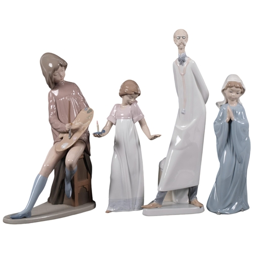 689 - Lladro doctor figure, 36cm, and 3 NAO figures