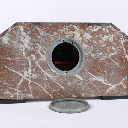 692 - A French Art Deco two-colour marble and slate-cased mantel clock garniture, replacement quartz mecha... 