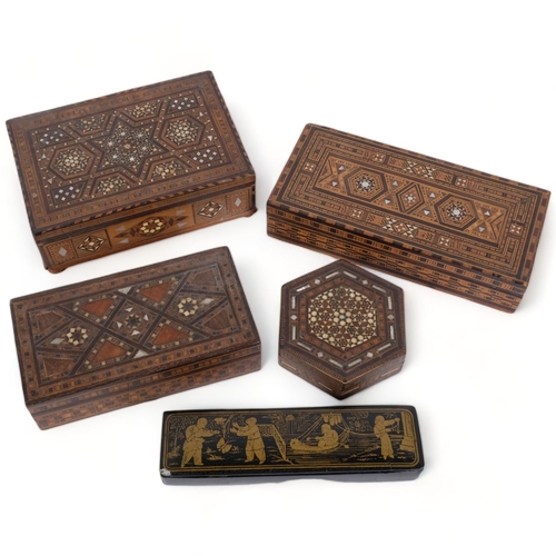 102 - A collection of various inlaid boxes, including an Oriental black lacquered scribe's box (5)