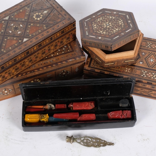 102 - A collection of various inlaid boxes, including an Oriental black lacquered scribe's box (5)