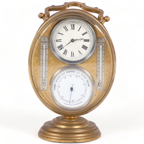 107 - An Antique French brass-cased desk clock/barometer, height not including handle 17cm