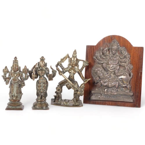 108 - A group of 3 Thai bronze Buddha figures, tallest 13cm, and a silver plated plaque of Shiva mounted o... 