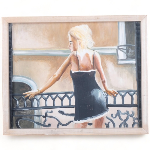 110 - Clive Fredriksson, oil on board, a young lady looking over a balcony, 44cm x 54cm overall, framed