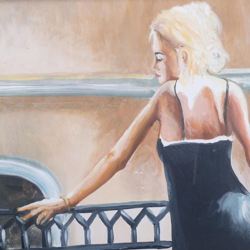 110 - Clive Fredriksson, oil on board, a young lady looking over a balcony, 44cm x 54cm overall, framed