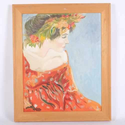 111 - Clive Fredriksson, oil on board, portrait of a young girl with a garland of flowers in her hair, 58c... 