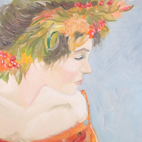 111 - Clive Fredriksson, oil on board, portrait of a young girl with a garland of flowers in her hair, 58c... 