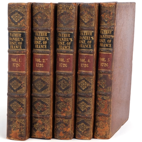 123 - Father Daniel's History of France in 5 volumes dated 1726, leather-bound, from the time the French M... 