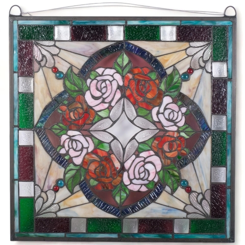 160 - A stained glass and leadlight framed panel, decorated with roses and foliage, 52cm x 52cm