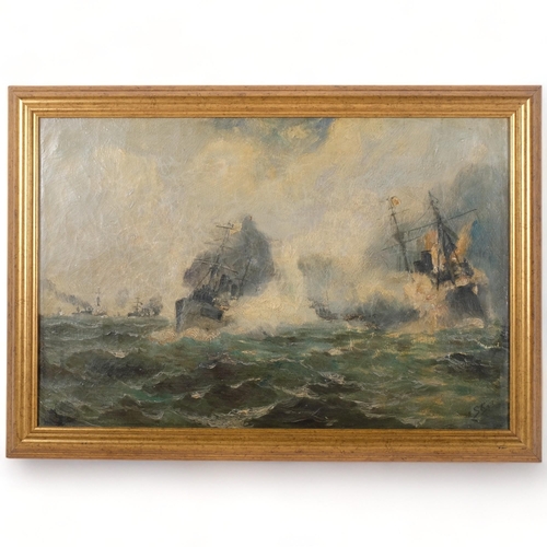 163 - Oil on canvas, depicting a Russian battle squadron attacking the Japanese merchant ship 