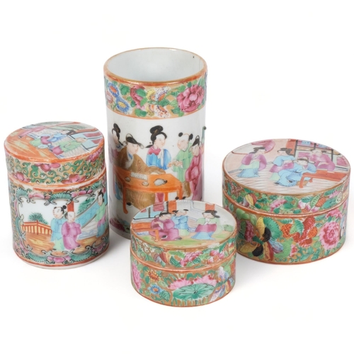 173 - A group of early 20th century hand painted famille rose enamelled Canton pots with associated lids, ... 