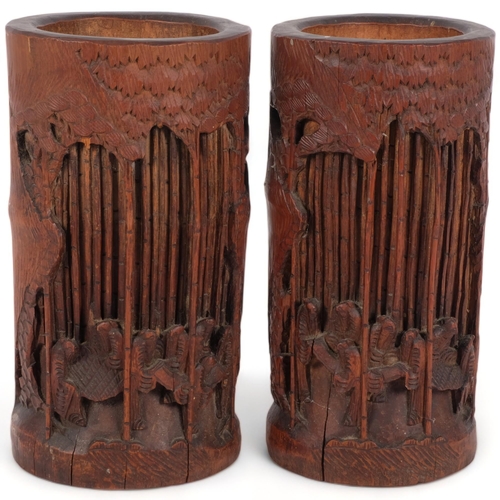 175 - 2 similar bamboo brush pots, with relief carving of sages, bamboo landscape background, H23cm (2)