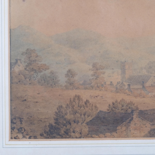 183 - A watercolour, landscape scene with countryside town in background, church tower and other buildings... 