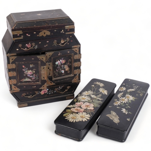 201 - A small black lacquered mother-of-pearl inlaid Chinese table-top jewellery box, with a total of 2 lo... 