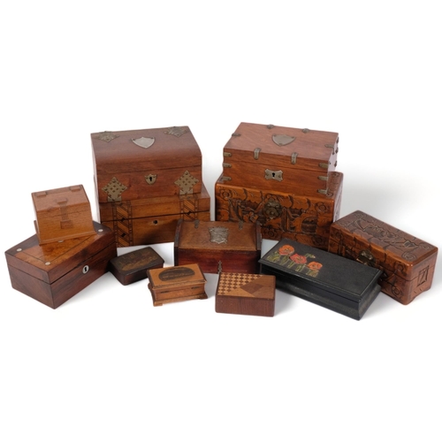 211 - A selection of Antique and other boxes, including a small camphorwood blanket box, 25cm x 12.5cm x 1... 