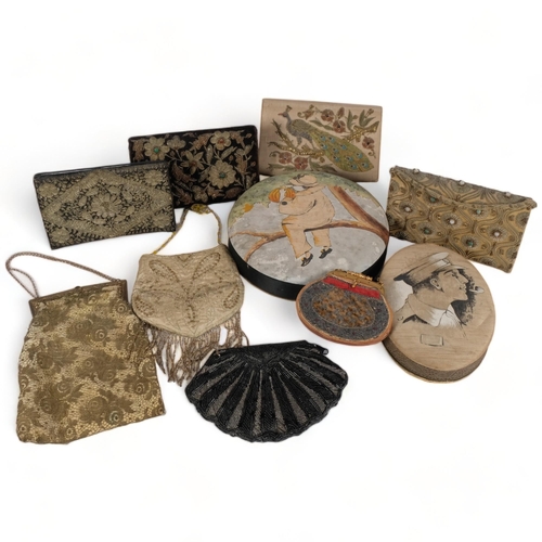 212 - A selection of Vintage and Antique embroidered clutch bags, including a bag with embroidered peacock... 