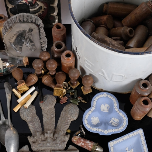 214 - A quantity of interesting items, including large selection of stoneware bottles, a Vintage enamelled... 