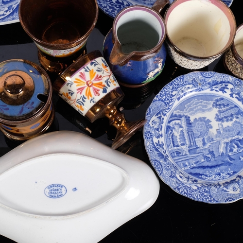 215 - A selection of copper lustre ware, including various goblets, centrepiece bowls, etc, and a selectio... 