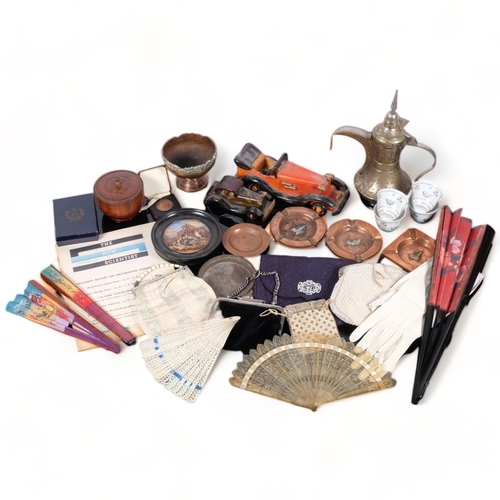 216 - A selection of interesting items, including Victorian pot lids, ashtrays, handmade wooden vehicles, ... 