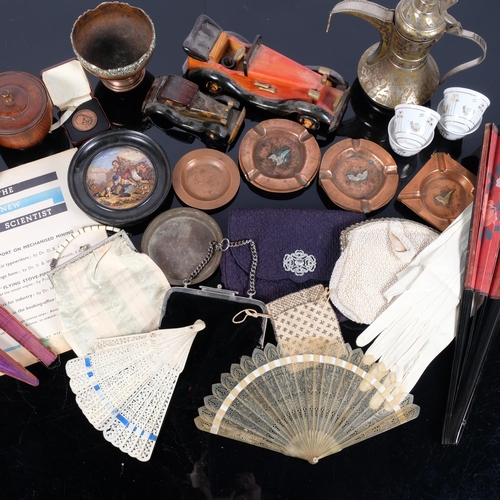 216 - A selection of interesting items, including Victorian pot lids, ashtrays, handmade wooden vehicles, ... 