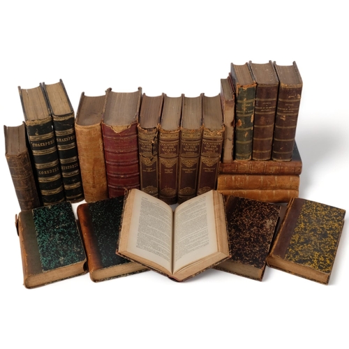 237 - A collection of part leather bound books, including The Complete Works of Shakespeare, a Memoir, and... 