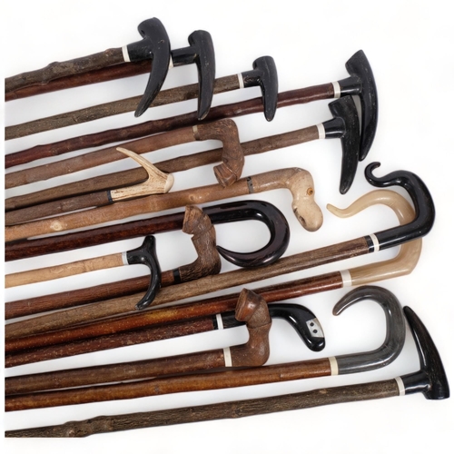 239 - A large selection of walking sticks and staffs, including various wooden hoof handled staffs, severa... 