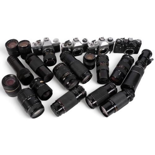 241 - A selection of Vintage cameras and lenses, including Praktica PLC3, a Praktica LTL5B, a Zenit TTL, a... 