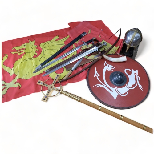 251 - A selection of reenactment related items, including a Medieval helmet with associated chainmail neck... 