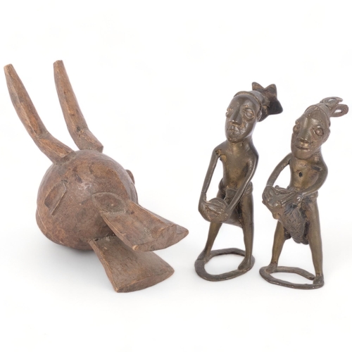 254 - 2 similar Benin bronze fertility sculptures, H17cm, and a carved wooden animal head