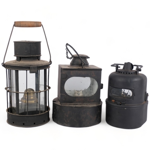 270 - A group of 3 Vintage railway lanterns, largest height 32cm, appear to have been overpainted, no iden... 