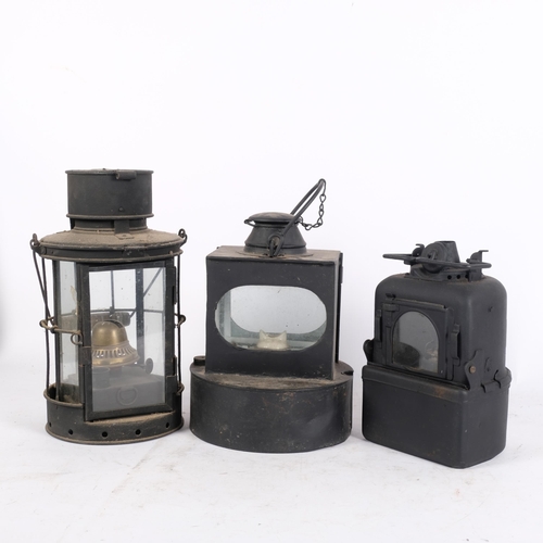 270 - A group of 3 Vintage railway lanterns, largest height 32cm, appear to have been overpainted, no iden... 