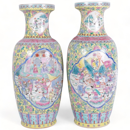 298 - A pair large of famille rose temple baluster vases, with character marks to base, H60.5cm (2)