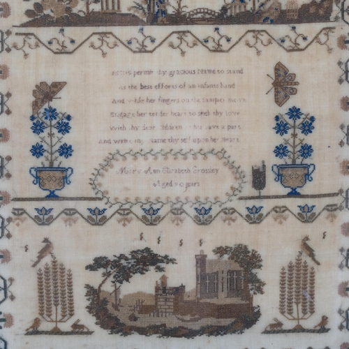 63 - WITHDRAWN - A 19th century sampler by Mary Anne Elizabeth Grossley, aged 90 years, 48cm  x 41.5cm ov... 