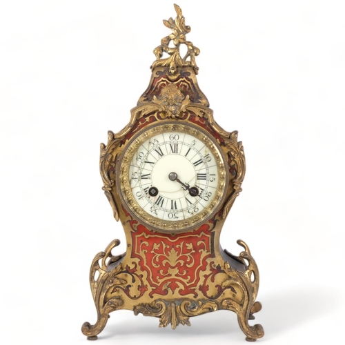 76 - A 19th century French boulle work 8-day mantel clock, with drum movement striking on a gong, H32cm, ... 