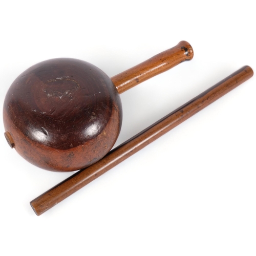 77 - A turned hardwood rolling rule, and a Vintage hardwood mallet