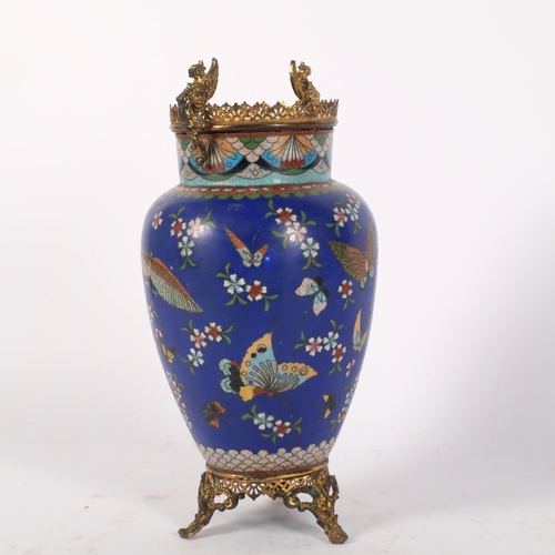 79 - 19th century blue ground cloisonne vase, decorated with floral stays and butterflies, gilt-metal gri... 