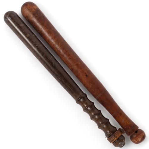 82 - 2 x 20th century turned wood truncheons, lengths 41.5cm and 40cm