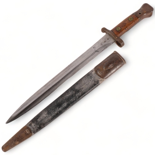 89 - An 1888 British Lee Metford bayonet and scabbard, blade length 32cm, overall length 42cm