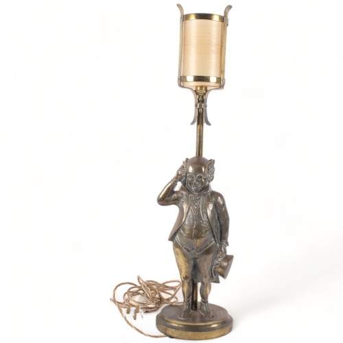 696 - A brass Mr Pickwick figure table lamp and shade, H74cm overall